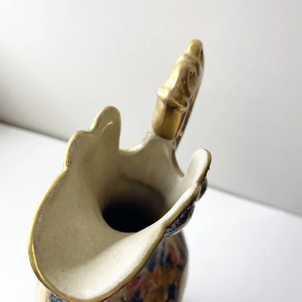 Vintage Satsuma Vase Pitcher Gold Handle 20th Century Chinoiserie Hand Painted‎